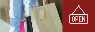shopping bags with red icon of open sign