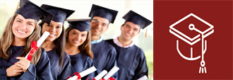 college students in cap and gown with red icon