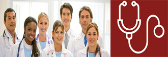 image of doctors next to red icon of medical device
