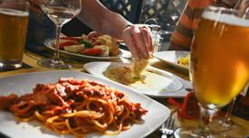 Eating at a restaurant, close up picture of food (pasta)