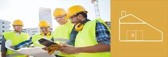 construction workers and yellow building icon