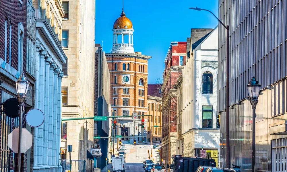 Downtown street with dome