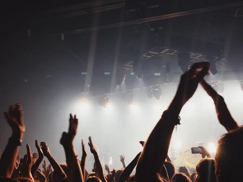 people with hands up at concert