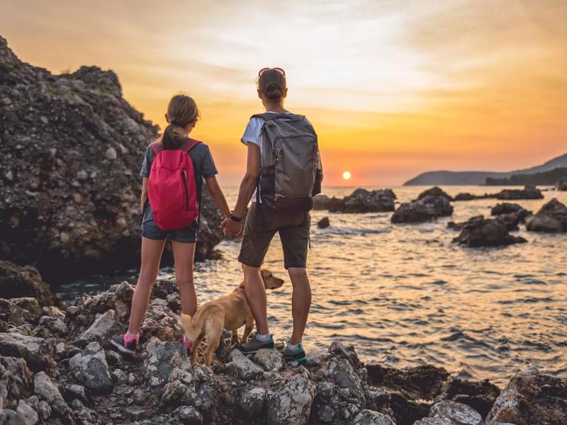 family on beach with dog