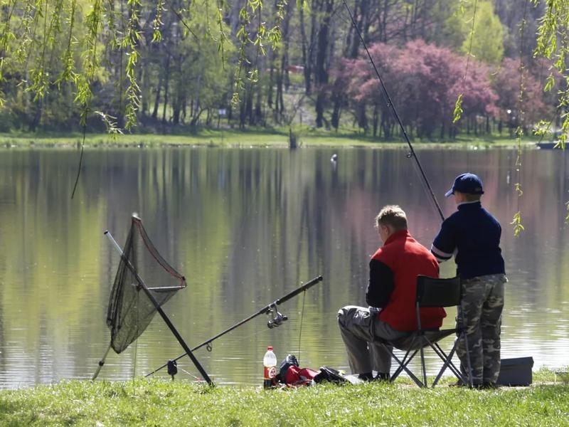 child and adult fishing at lake