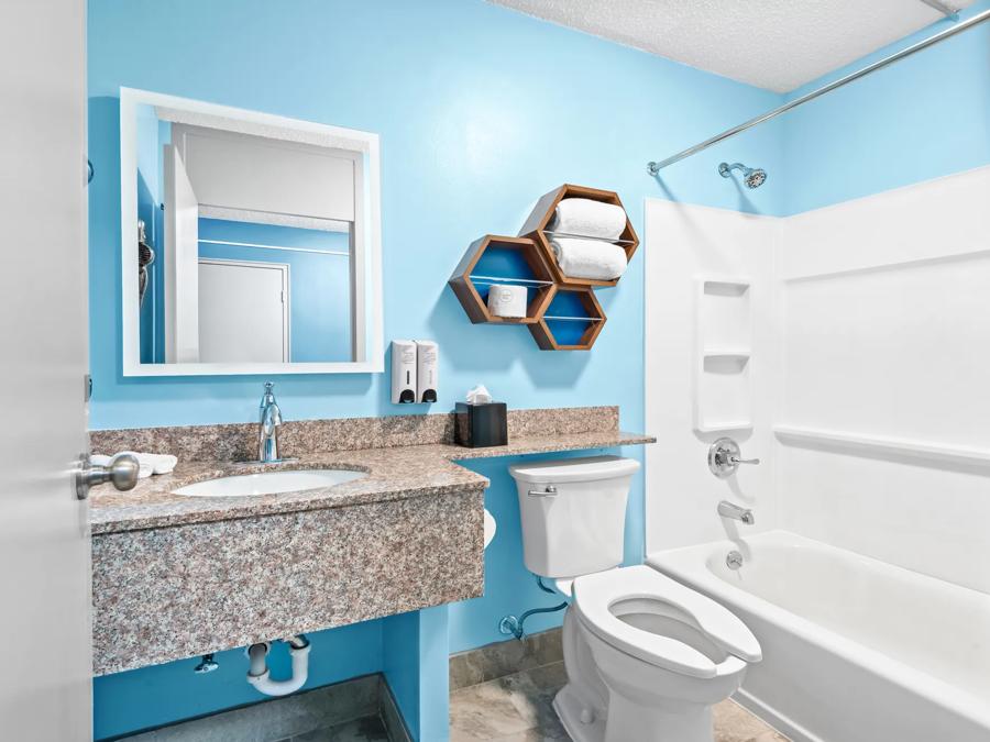 HomeTowne Studios & Conference Center Cortland Studio 2 Full Bed Desk Bathroom Image