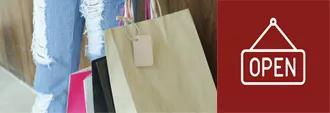 shopping bags with red icon of an open sign