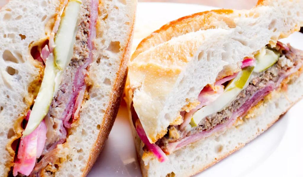 Close-up of a sliced sandwich on a plate